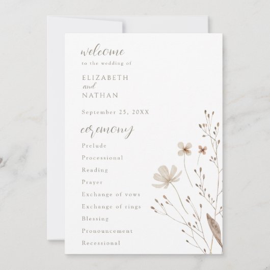Elegant Wildflower Wedding Ceremony Program Card Kaart (Achterkant)