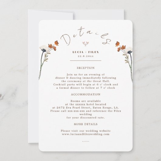 Elegant Wildflower Wedding Infor Detail Kaart (Voorkant)