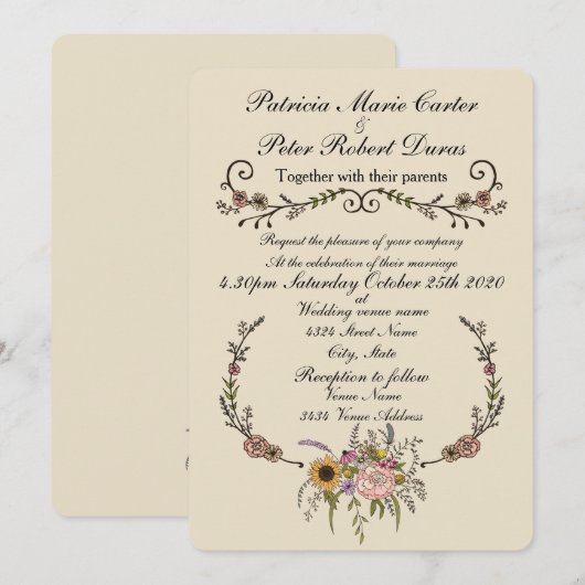Elegant Wildflower Wedding Invitation.5-inch x 7-i Kaart (Voorkant / Achterkant)