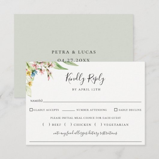 Elegant Wildflower Wedding Meal Choice RSVP Kaartje (Voorkant / Achterkant)