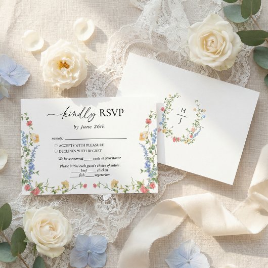 Elegant Wildflower Wedding Monogram RSVP Kaartje