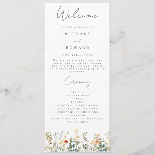 Elegant Wildflower Wedding Programma Programmakaart (Voorkant)