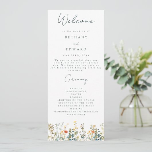 Elegant Wildflower Wedding Programma Programmakaart (Staand voorkant)