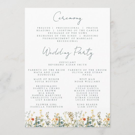 Elegant Wildflower Wedding Programmakaart (Achterkant)
