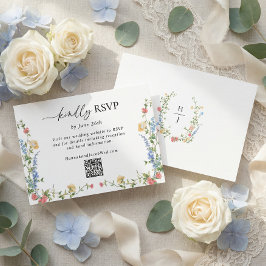 Elegant Wildflower Wedding QR Code RSVP Card Kaartje
