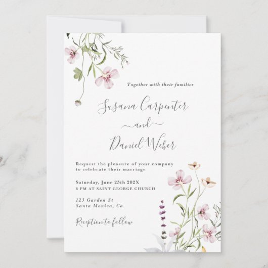 Elegant Wildflower Wedding-uitnodiging Kaart (Voorkant)
