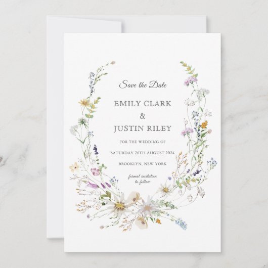 Elegant Wildflower White Save the Date Bruiloft Kaart (Voorkant)