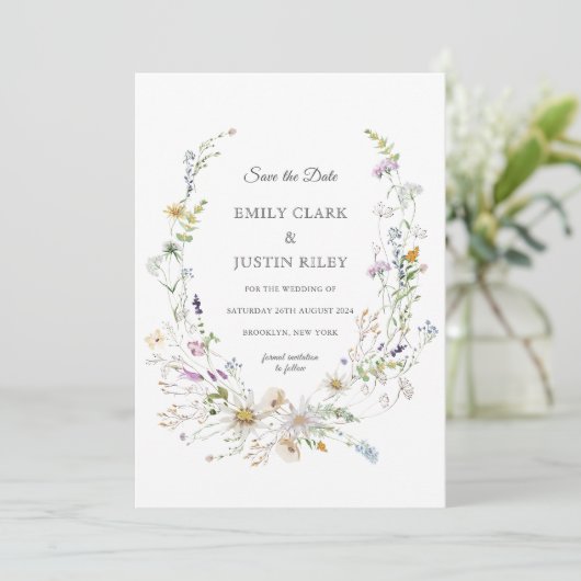 Elegant Wildflower White Save the Date Bruiloft Kaart (Staand voorkant)