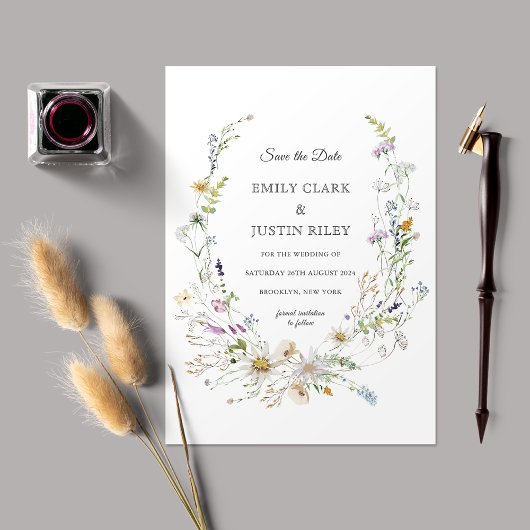 Elegant Wildflower White Save the Date Bruiloft Kaart