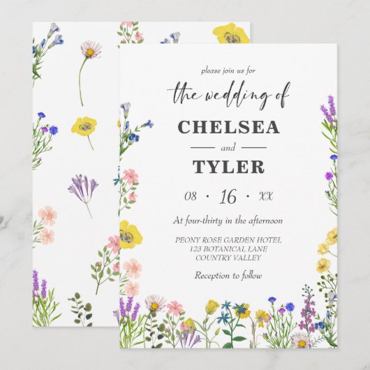 Elegant Wildflower  Wilde Floral Wedding Kaart (Voorkant / Achterkant)