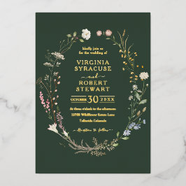Elegant Wildflower Wreath Royal Green Wedding Folie Uitnodiging