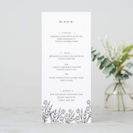 Elegant Wildflower Zwart Wit Bruiloft Diner Menu (Staand voorkant)