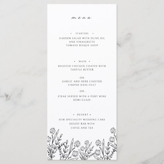 Elegant Wildflower Zwart Wit Bruiloft Diner Menu (Voorkant)