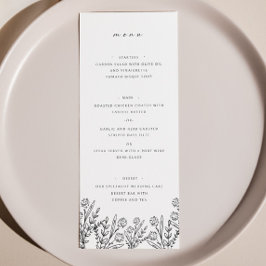 Elegant Wildflower Zwart Wit Bruiloft Diner Menu