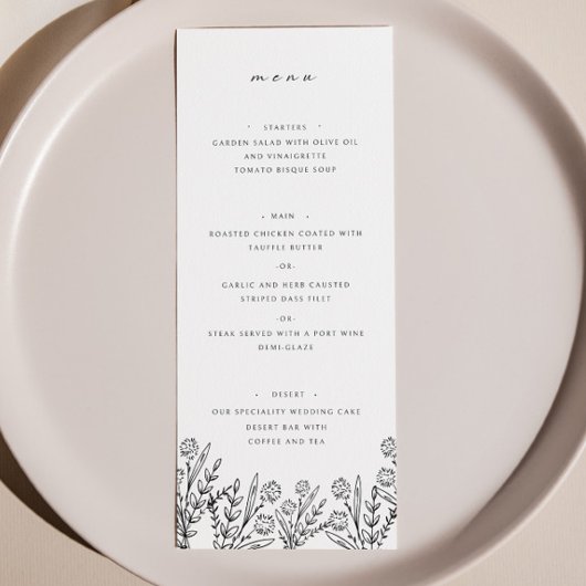 Elegant Wildflower Zwart Wit Bruiloft Diner Menu