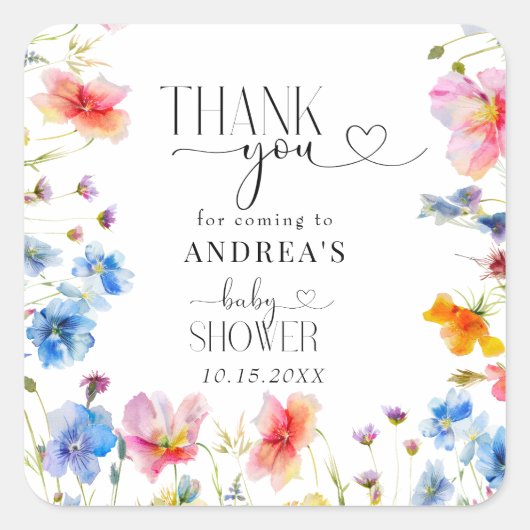 Elegant Wildflowers Baby shower Bedankt Vierkante Sticker (Voorkant)
