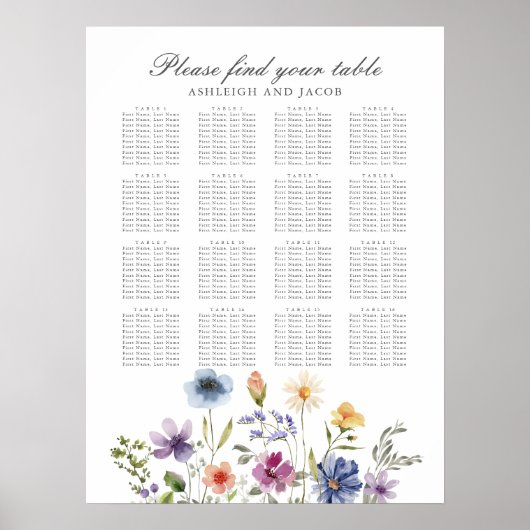 Elegant Wildflowers Spring Wedding Seating Chart Poster (Voorkant)