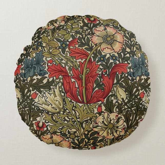 Elegant William Morris bloemenpatroon rood groen Rond Kussen (Voorkant)