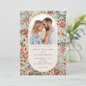 Elegant William Morris Floral Fotobruiloft Kaart (Staand voorkant)