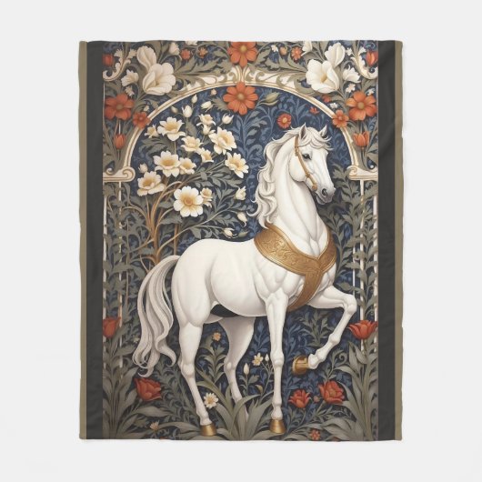 Elegant William Morris geïnspireerd wit paard Fleece Deken (Voorkant)