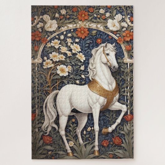 Elegant William Morris geïnspireerd wit paard Legpuzzel (Verticaal)