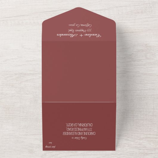 Elegant Wine Burgundy Script Moderne RSVP QR Code All In One Uitnodiging (Buitenkant)