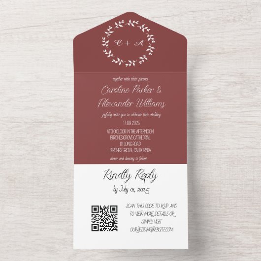 Elegant Wine Burgundy Script Moderne RSVP QR Code All In One Uitnodiging (Binnen)