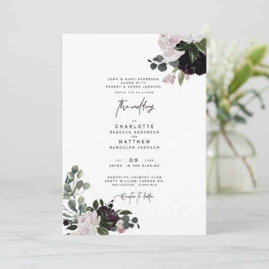 Elegant Wine Floral Beide ouders bruiloft Kaart (Staand voorkant)