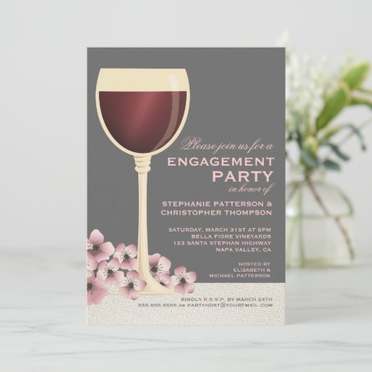Elegant Wine & Floral Wedding Engagement Party Kaart (Staand voorkant)