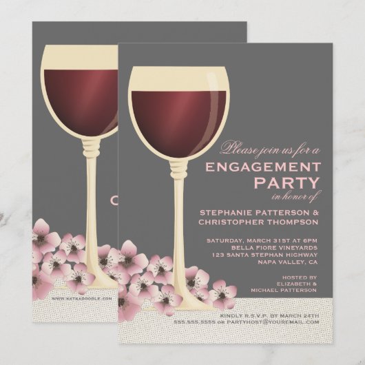 Elegant Wine & Floral Wedding Engagement Party Kaart (Voorkant / Achterkant)