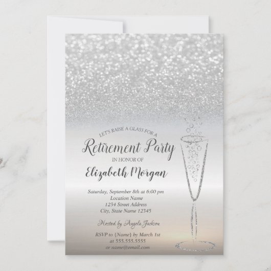 Elegant Wine Glass Silver Glitter Bokeh Retirement Kaart (Voorkant)