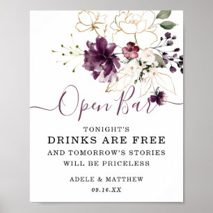 Elegant Wine Gold Floral Open Bar Poster
