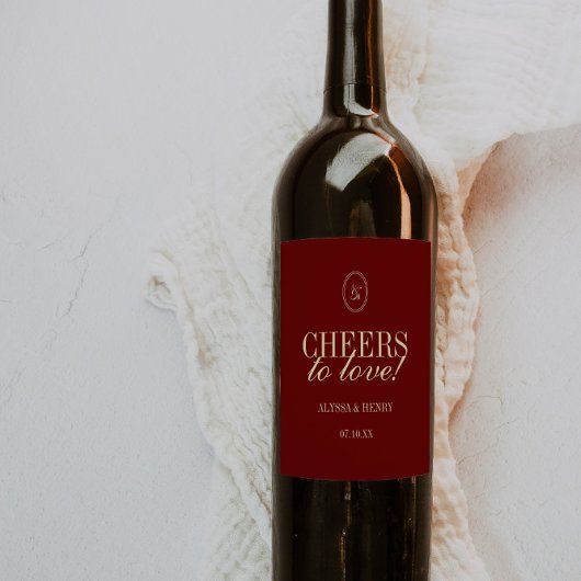 Elegant Wine Red "Cheers to Love" Wedding Wijn Etiket