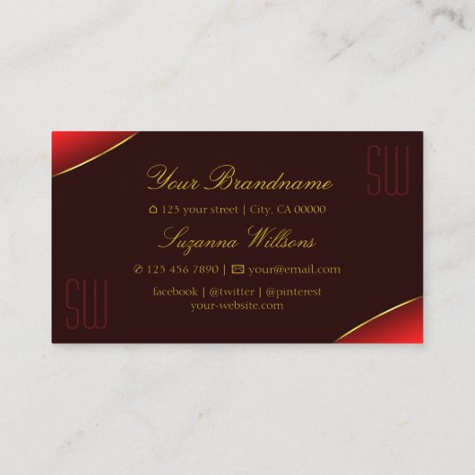 Elegant Wine Red met Gold Border en Monogram Visitekaartje (Achterkant)