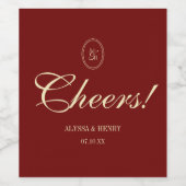 Elegant Wine Red Script "Cheers!" Wedding Wijn Etiket (Enkel label)