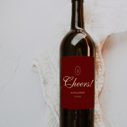 Elegant Wine Red Script "Cheers!" Wedding Wijn Etiket