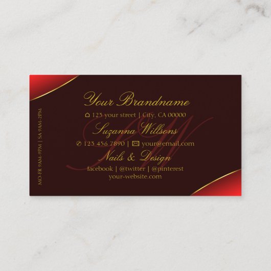 Elegant Wine Red Shimmery Gold Border en Monogram Visitekaartje (Achterkant)