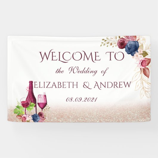 Elegant Wine Tasting Burgundy Flowers Weddenschap Spandoek (Horizontaal)