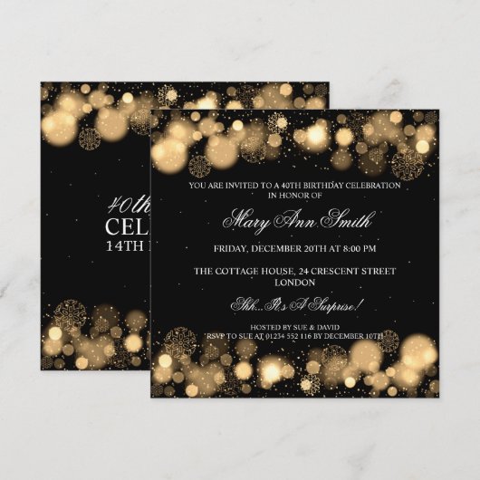 Elegant Winter 40th Birthday Party Gold Kaart (Voorkant / Achterkant)