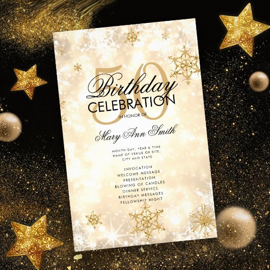 Elegant Winter 50th Birthday Program Gold met Menu