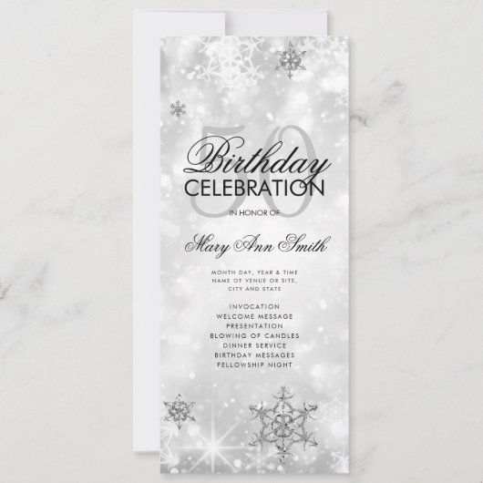 Elegant Winter 50th Birthday Program Silver Menu Kaart (Voorkant)