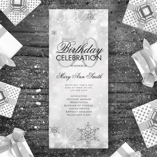 Elegant Winter 50th Birthday Program Silver Menu Kaart