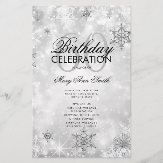 Elegant Winter 60th Birthday Program Silver Menu (Voorkant)