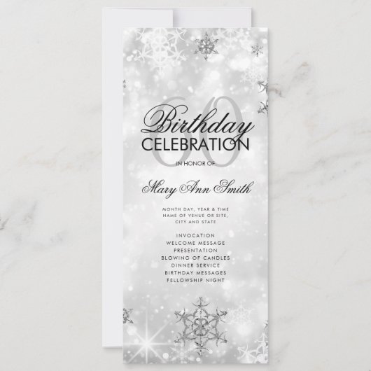 Elegant Winter 60th Birthday Program Silver Menu Kaart (Voorkant)