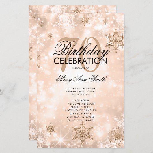 Elegant Winter 70 Birthday Program Roos Gold Menu (Voorkant / Achterkant)