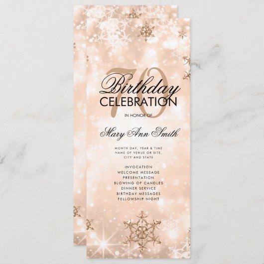 Elegant Winter 70 Birthday Program Roos Gold Menu Kaart (Voorkant / Achterkant)