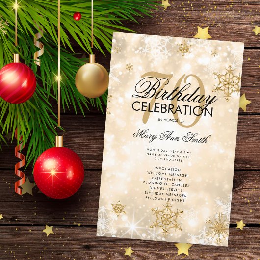Elegant Winter 70th Birthday Program Gold met Menu