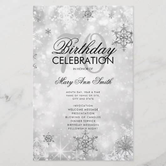 Elegant Winter 70th Birthday Program Silver Menu (Voorkant)