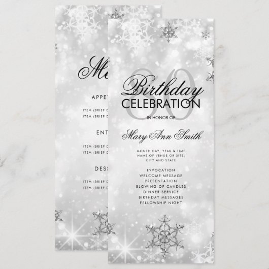 Elegant Winter 80e Verjaardagsprogramma Zilver Men Kaart (Voorkant / Achterkant)