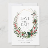 Elegant Winter Berries Greenery Wedding Photo Save The Date (Voorkant)